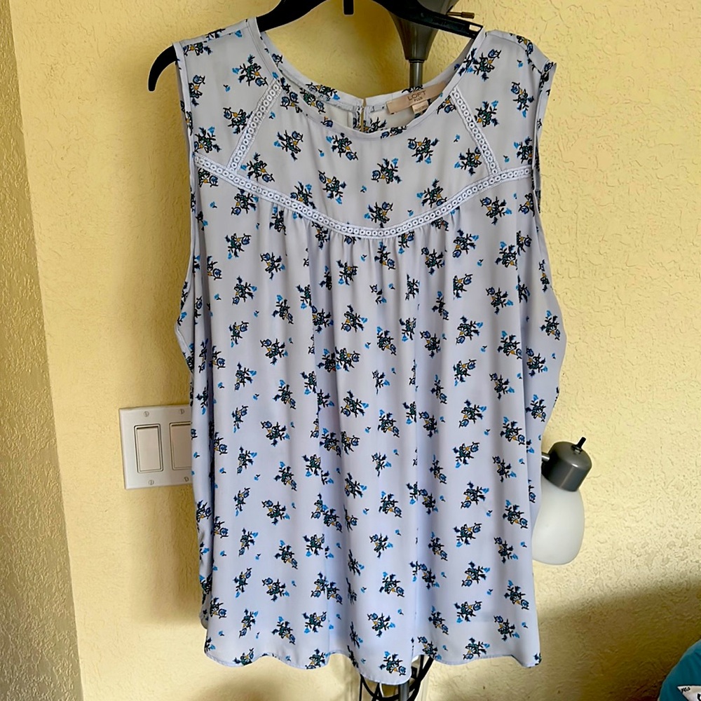 Light blue background with little blue, brown, yellow flowers shirt.